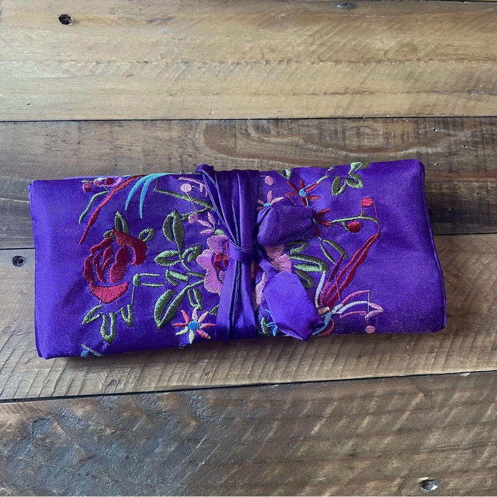 Purple Embroidered Jewelry Roll
